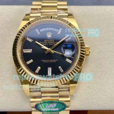 ARF Rolex Gain Weight Day-Date Super Clone 3255 Watch Black Dial with Baguettes 
